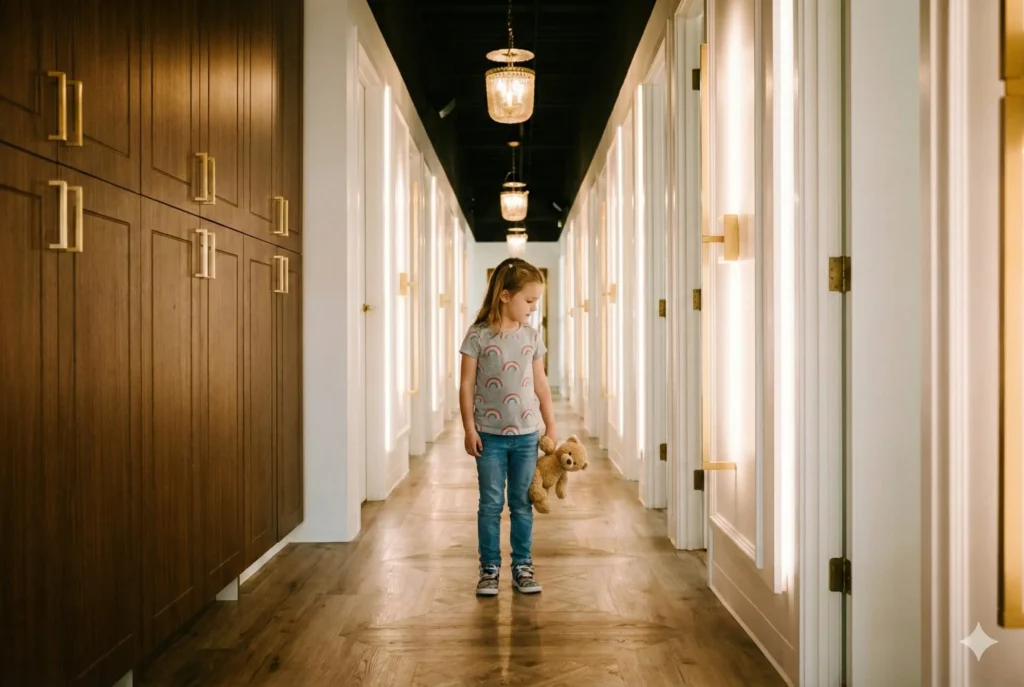 Young girl holding a teddy bear in the Vigée Dental hallway