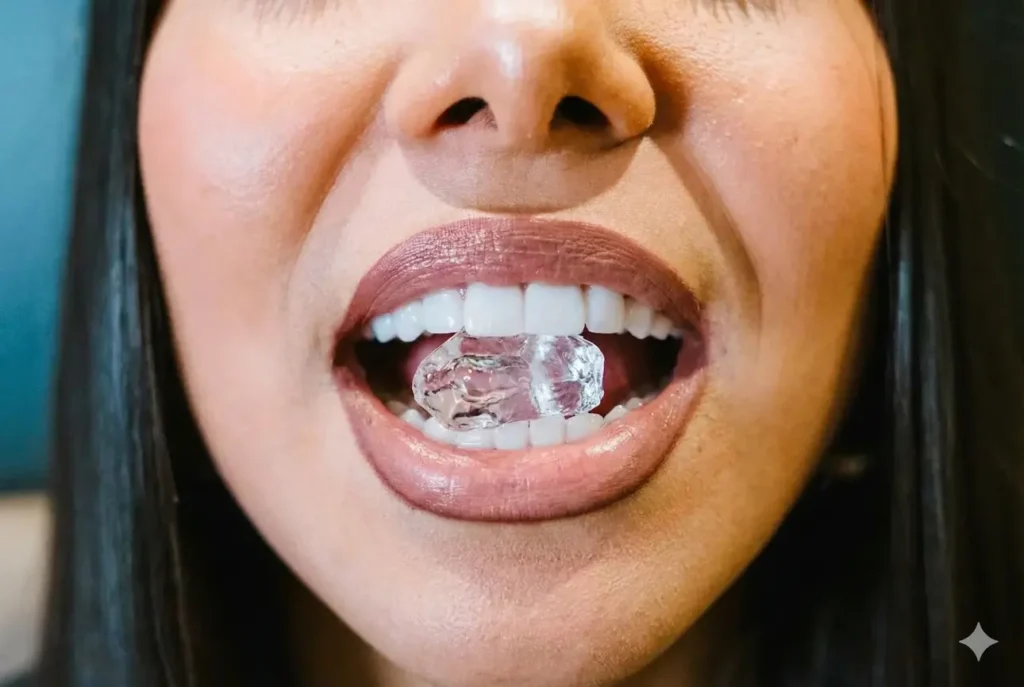 Close-up of a smile biting into an ice cube