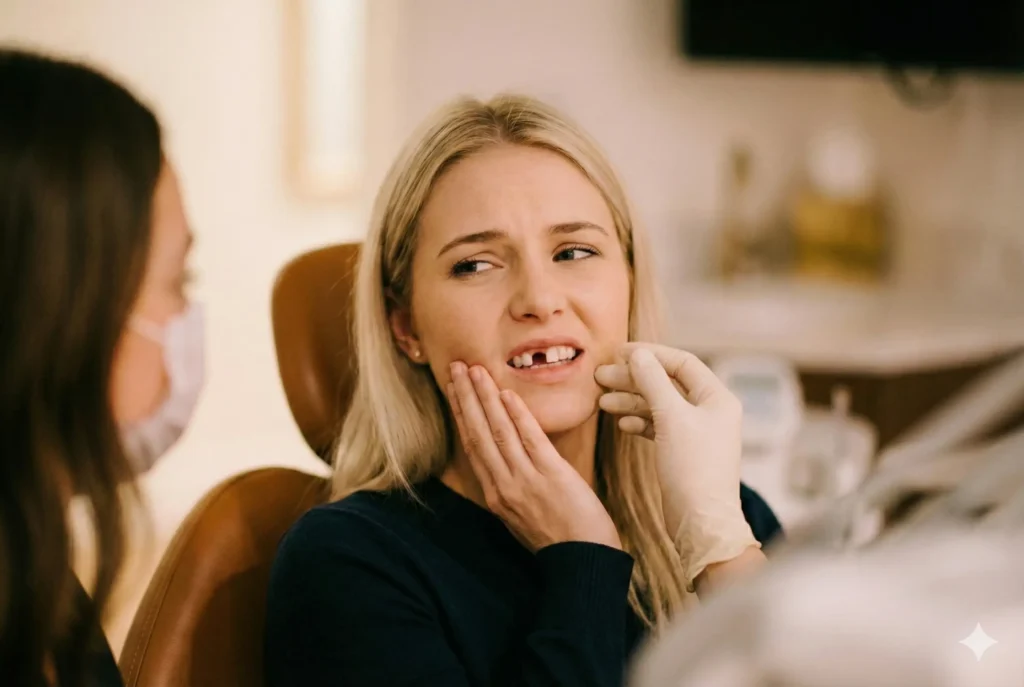 Patient holding her jaw in pain during an emergency dental exam at Vigée Dental