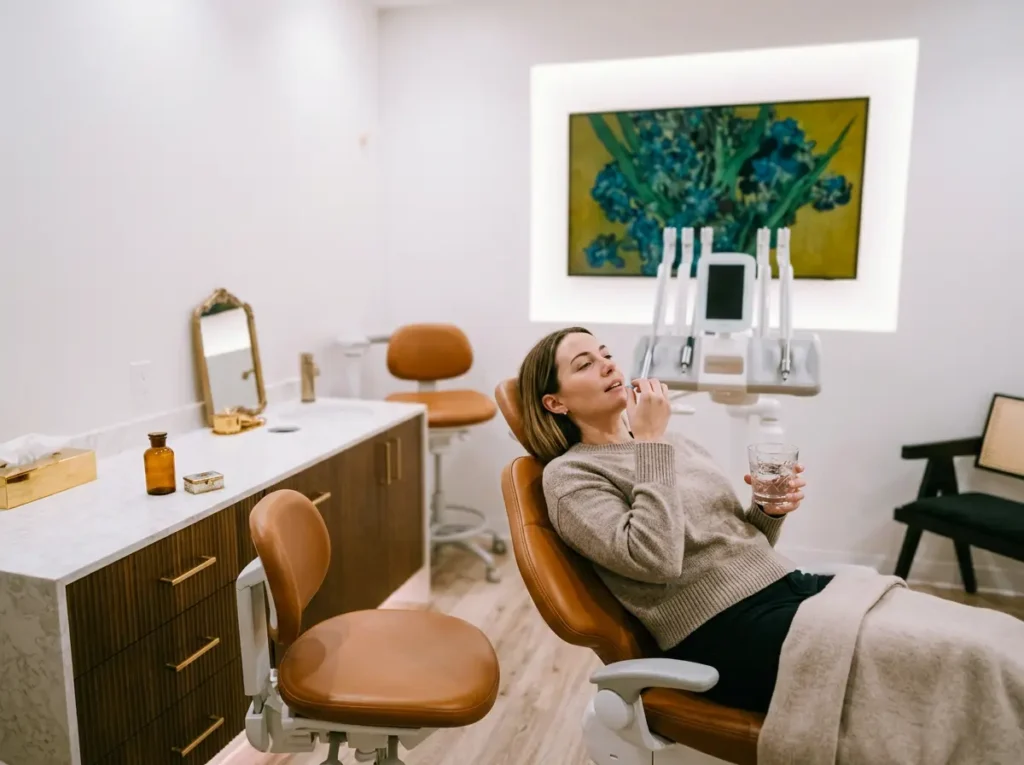 Relaxed patient reclining in a Vigée Dental treatment chair holding a glass of water